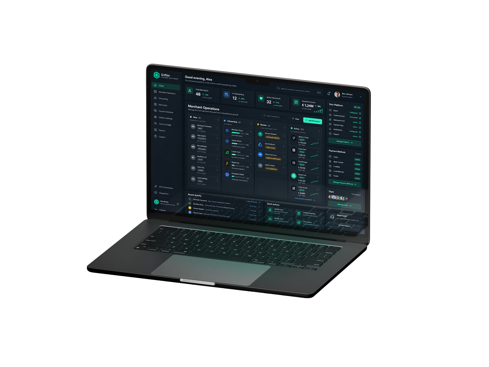 Softler white-label platform dashboard on a laptop